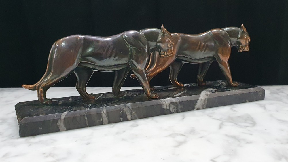 Art Deco Pumas Sculpture on Marble Plinth  View V