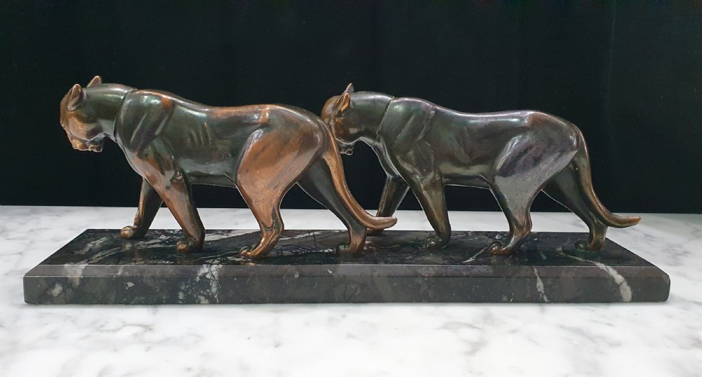 Art Deco Pumas Sculpture on Marble Plinth  View VI
