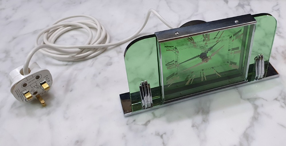 Art Deco Clock by Smiths Green Glass & Chrome Re-Wired & 12mo Guarantee c.1930 View V