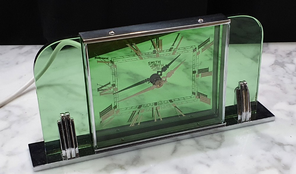 Art Deco Clock by Smiths Green Glass & Chrome Re-Wired & 12mo Guarantee c.1930 View XVI