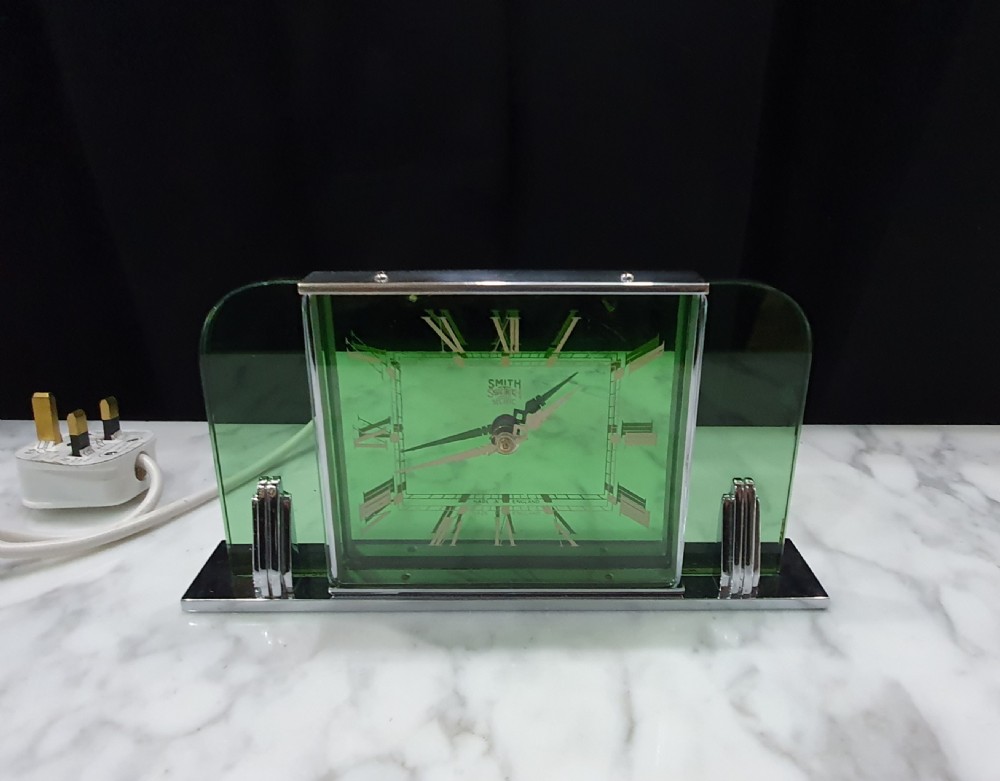 Art Deco Clock by Smiths Green Glass & Chrome Re-Wired & 12mo Guarantee c.1930 View XVIII