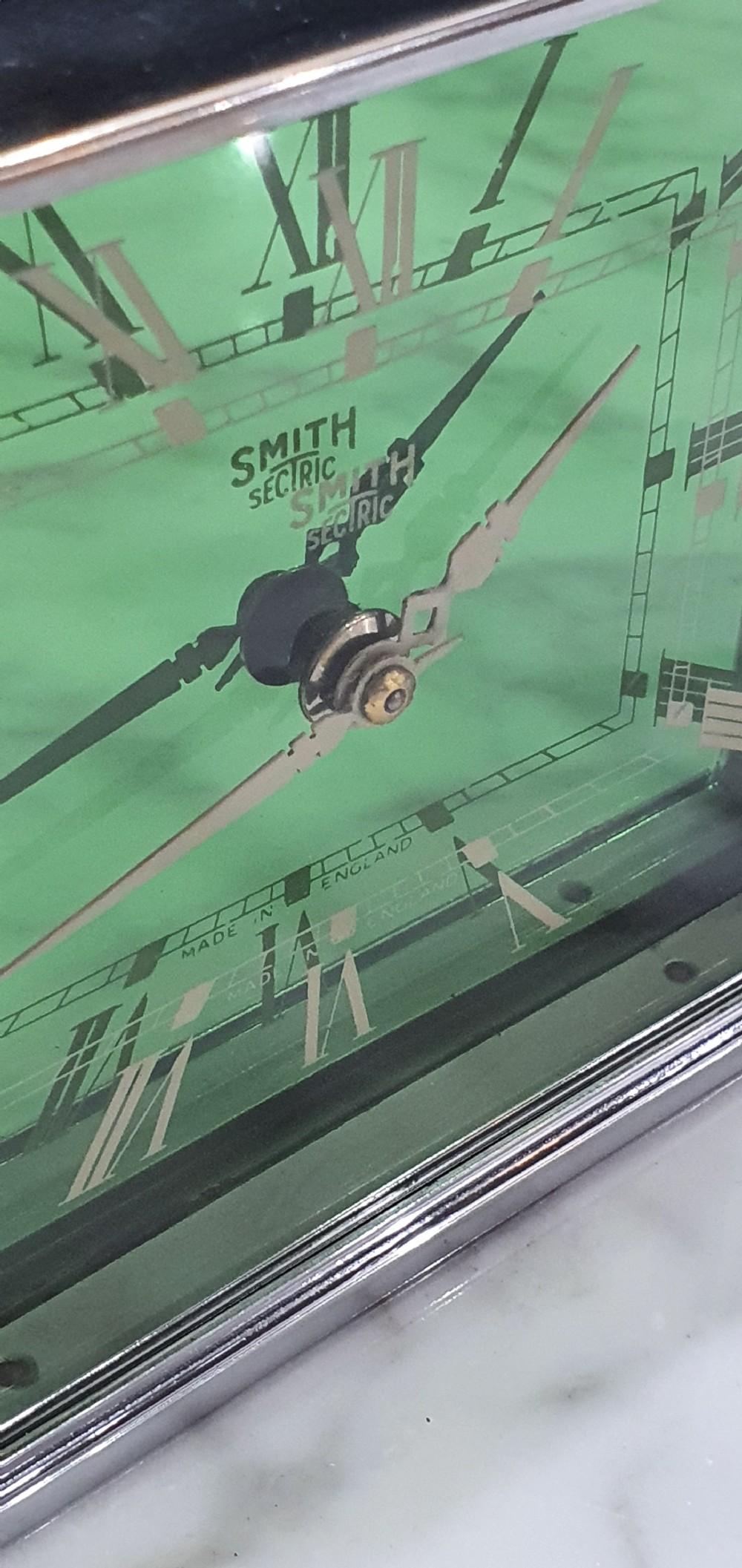 Art Deco Clock by Smiths Green Glass & Chrome Re-Wired & 12mo Guarantee c.1930 View XIX