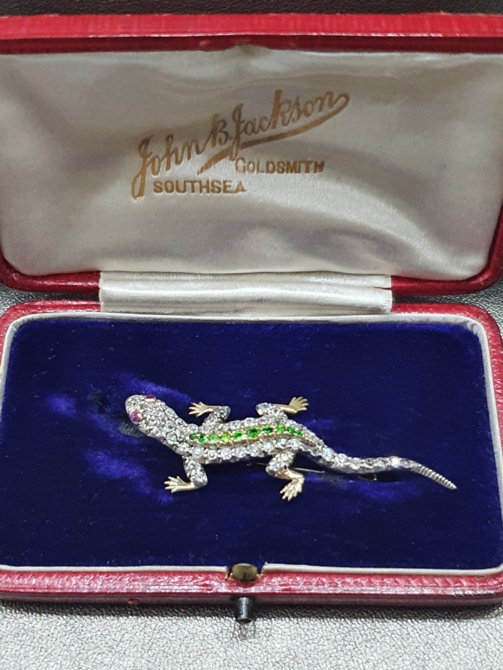 Diamond Salamander Brooch with Emerald & Ruby 18ct Gold Victorian Ardent Love Token Original Box  View II