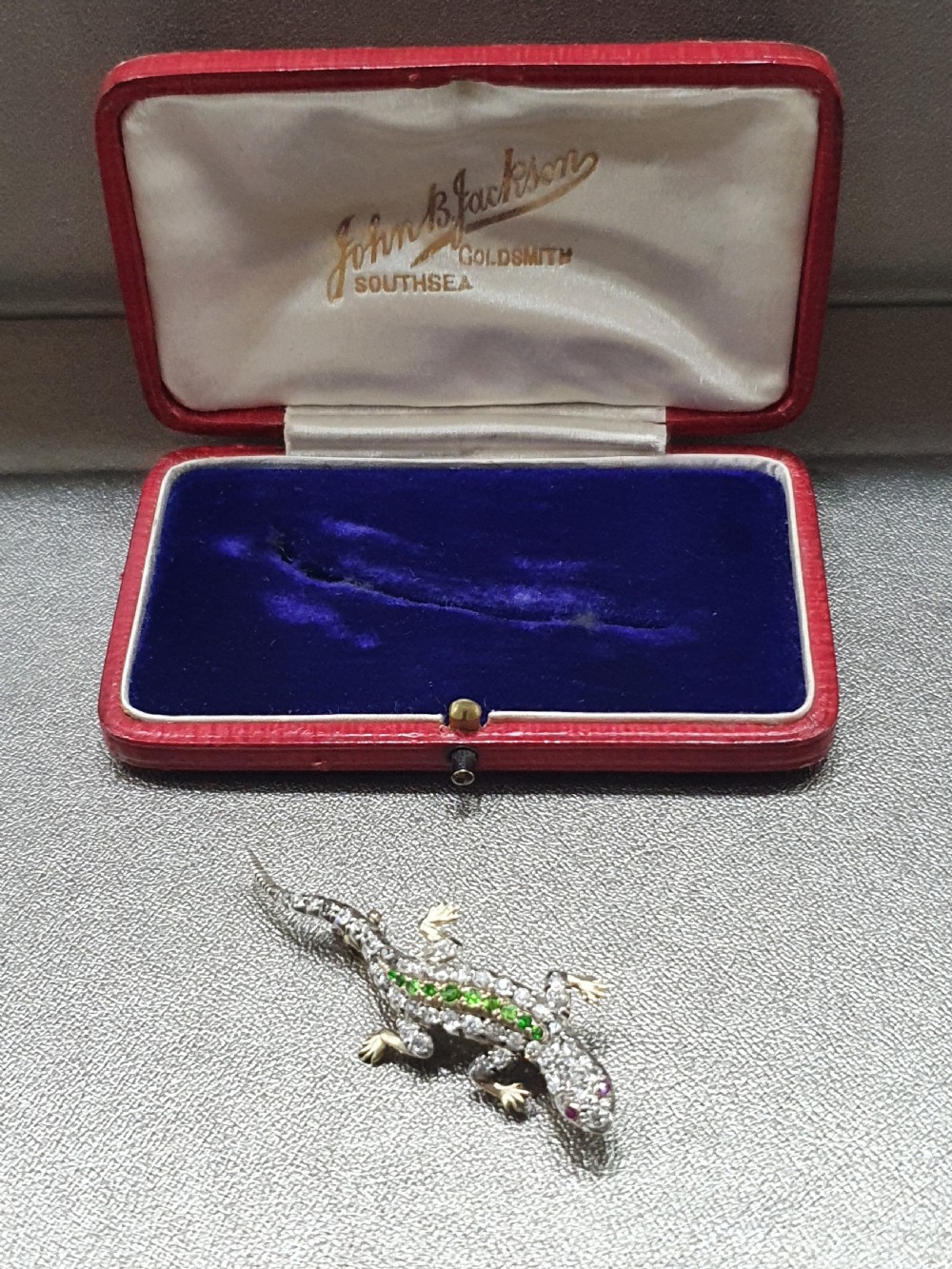 Diamond Salamander Brooch with Emerald & Ruby 18ct Gold Victorian Ardent Love Token Original Box  View IV