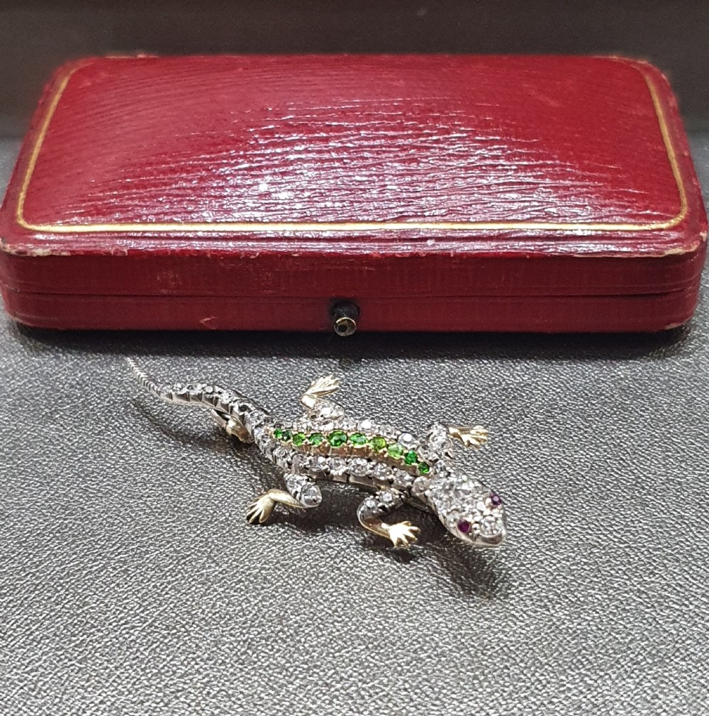 Diamond Salamander Brooch with Emerald & Ruby 18ct Gold Victorian Ardent Love Token Original Box  View V