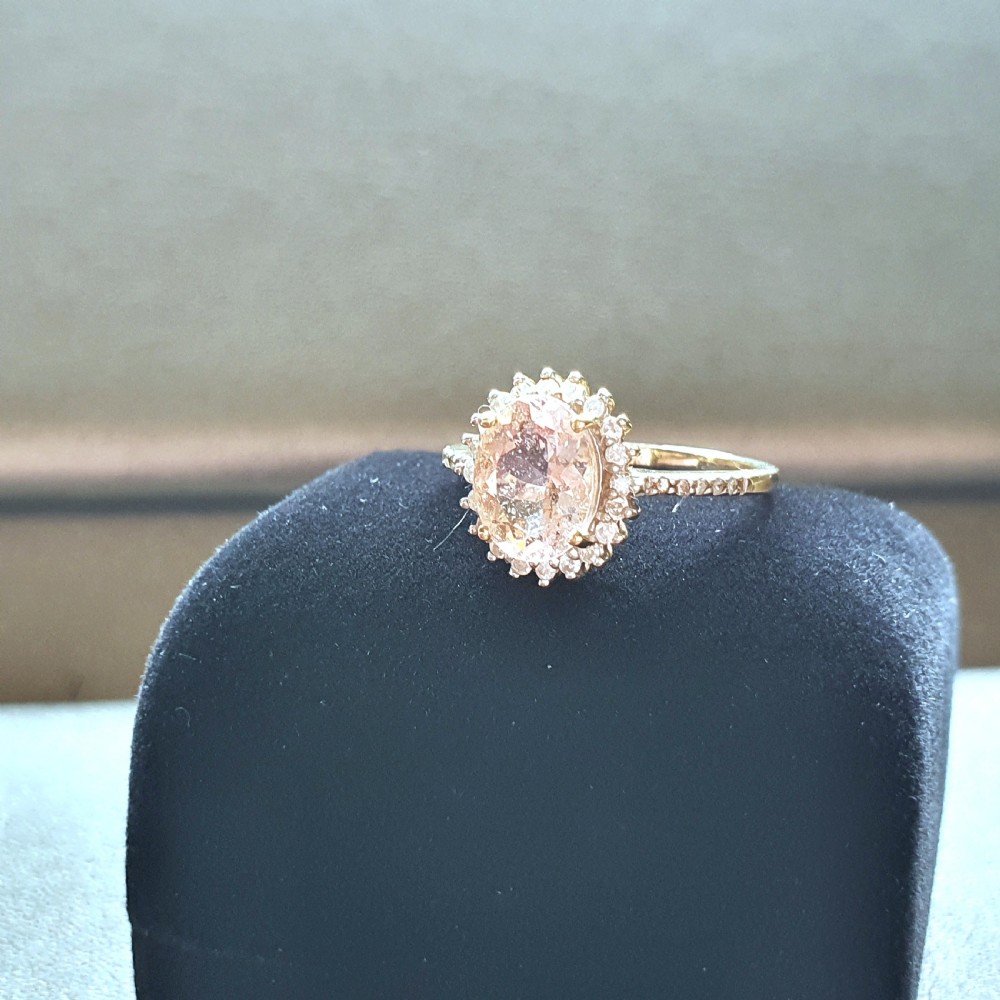 Morganite with Diamond Halo & Shoulders 9ct Gold Ring - Size N½ View II