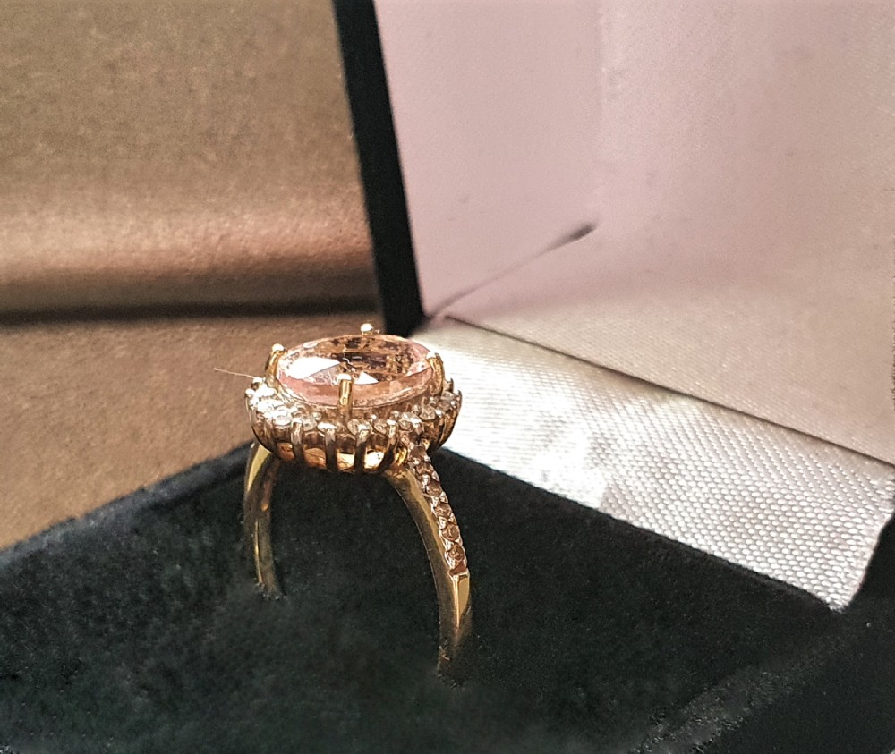 Morganite with Diamond Halo & Shoulders 9ct Gold Ring - Size N½ View IV