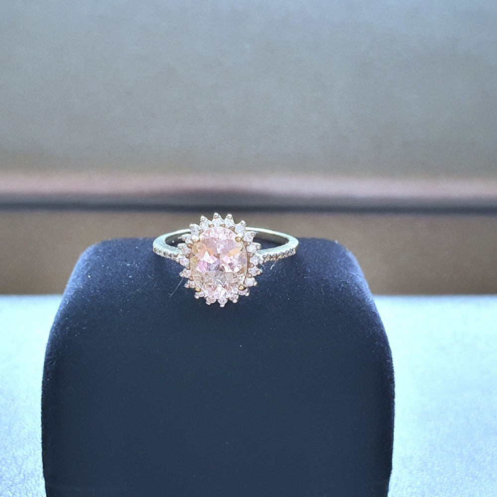 Morganite with Diamond Halo & Shoulders 9ct Gold Ring - Size N½ View V