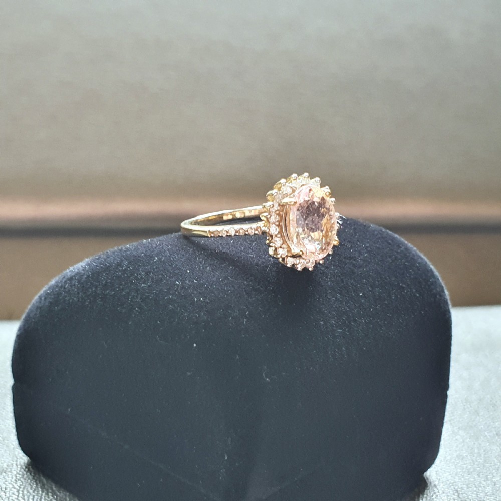 Morganite with Diamond Halo & Shoulders 9ct Gold Ring - Size N½ View VI