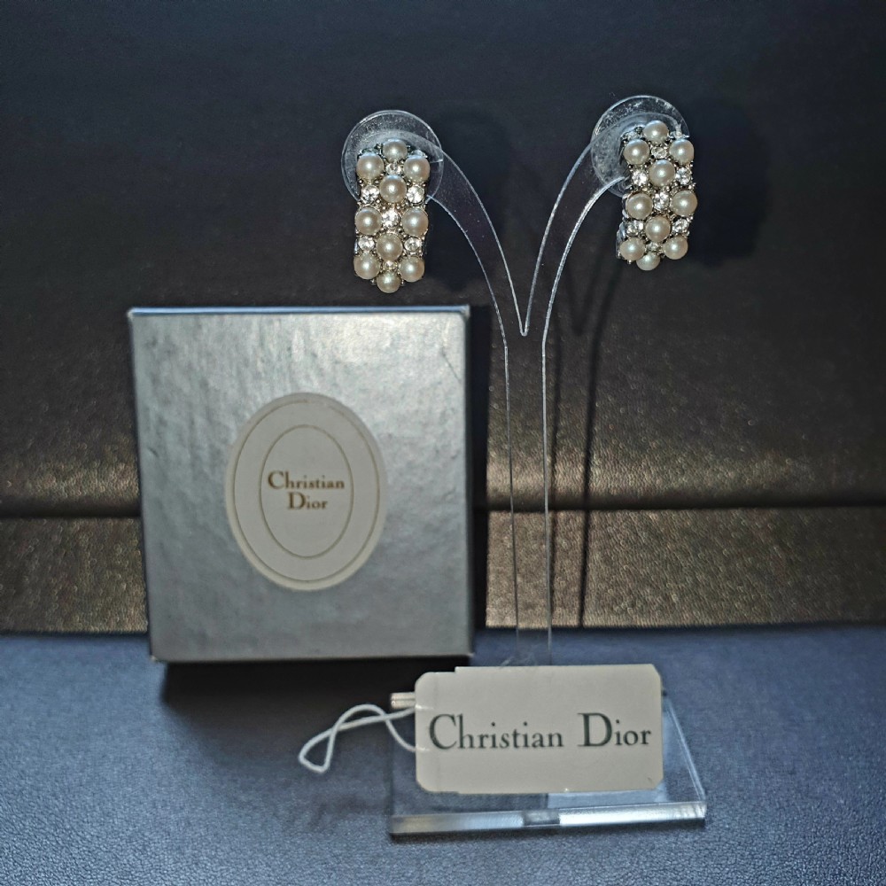 Vintage Christian Dior Earrings Pierced Pearl & Crystal Demi Hoop  View VI