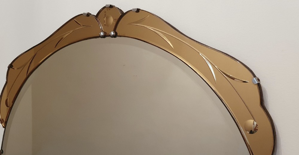 Art Deco Mirror with Peach Top Scroll 1930s View IV