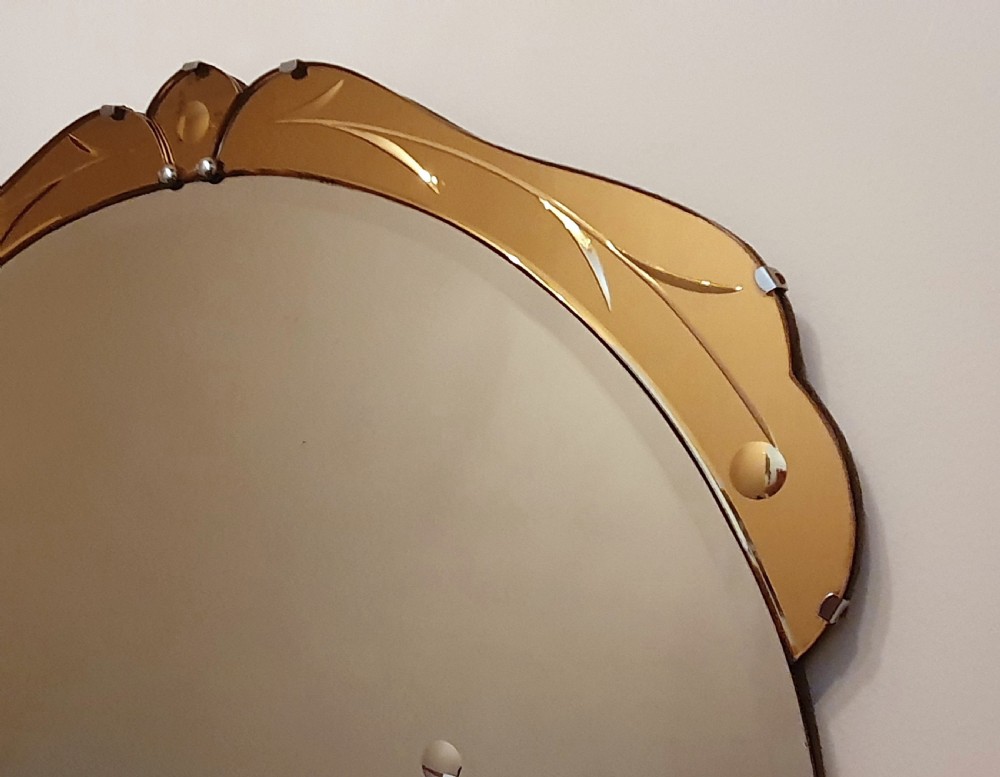 Art Deco Mirror with Peach Top Scroll 1930s View V