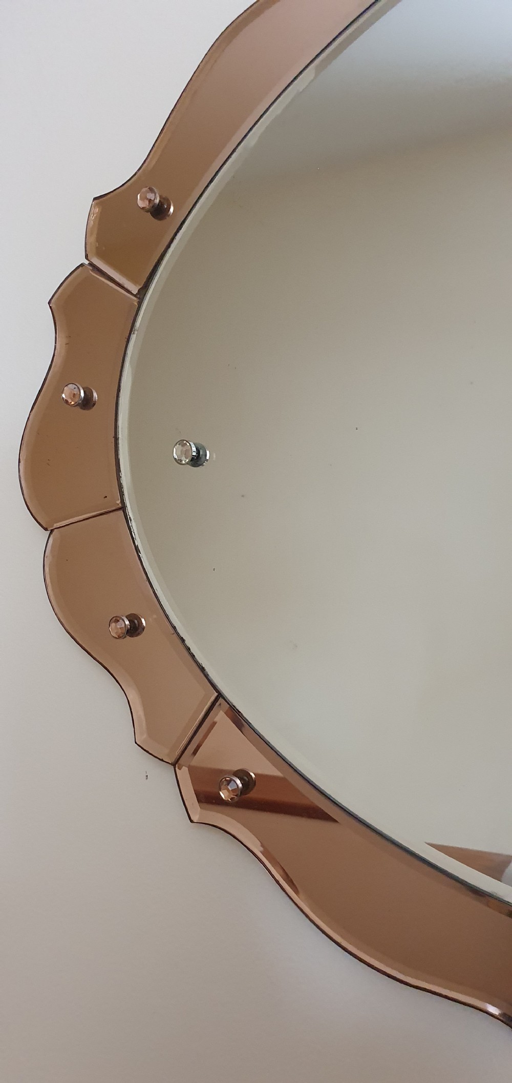 Art Deco Mirror Oval with Peach Scalloped Edge - Wall Hanging c 1930 View XI