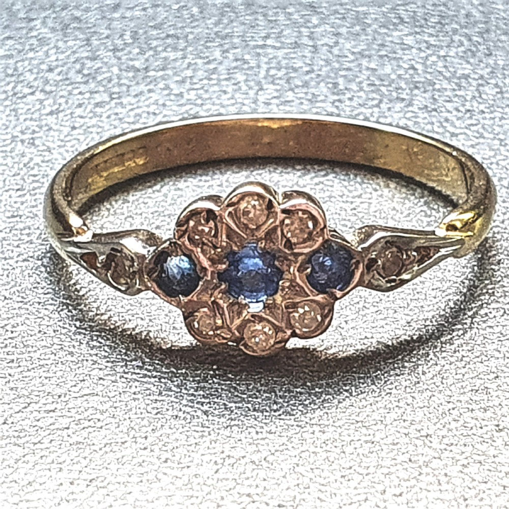 Swiss Cut Diamond & Sapphire Ring 9ct Gold - Size O View II