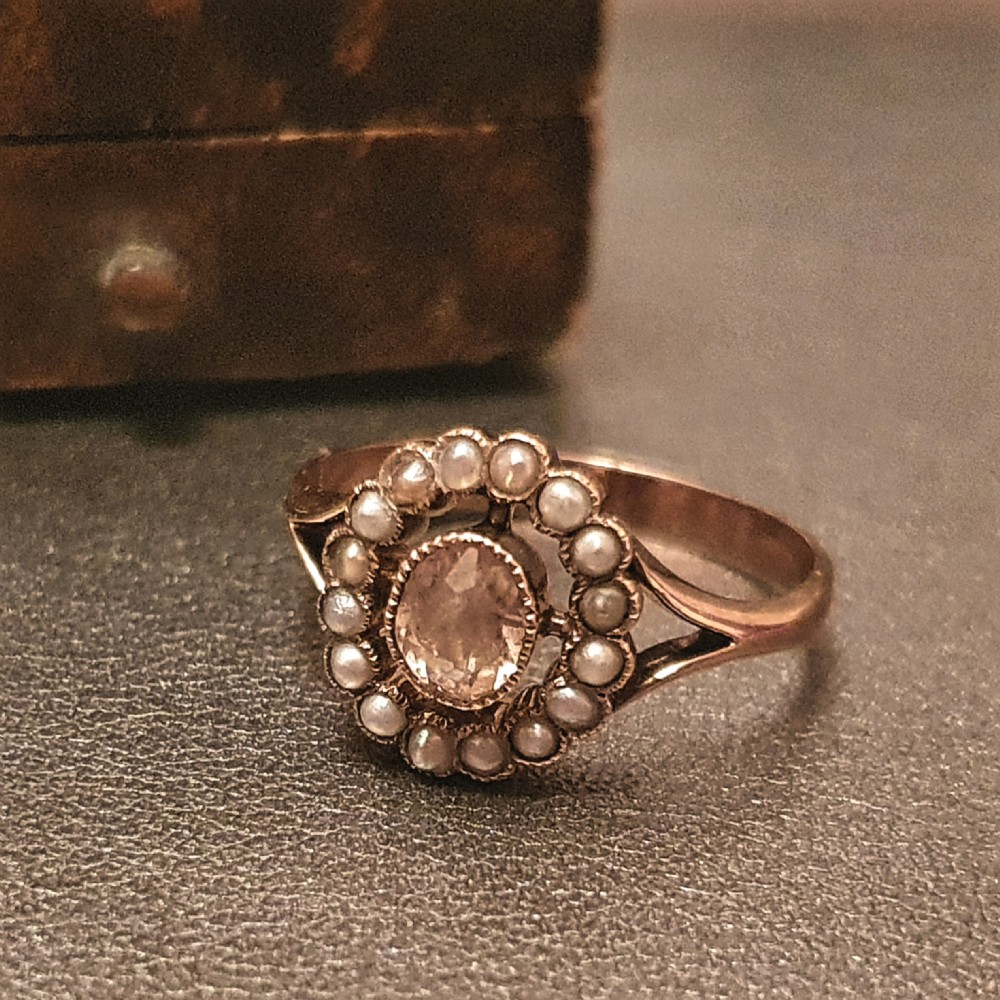 Georgian 15ct Rose Gold Champagne Pink Sapphire & Seed Pearl Halo - Ring Size N½