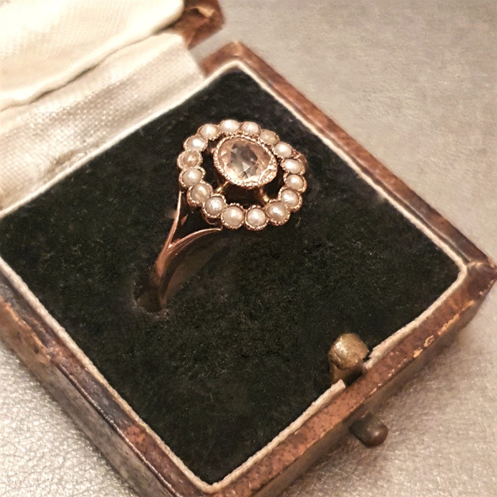 Georgian 15ct Rose Gold Champagne Pink Sapphire & Seed Pearl Halo - Ring Size N½ View IV