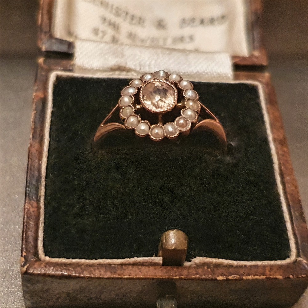 Georgian 15ct Rose Gold Champagne Pink Sapphire & Seed Pearl Halo - Ring Size N½ View V