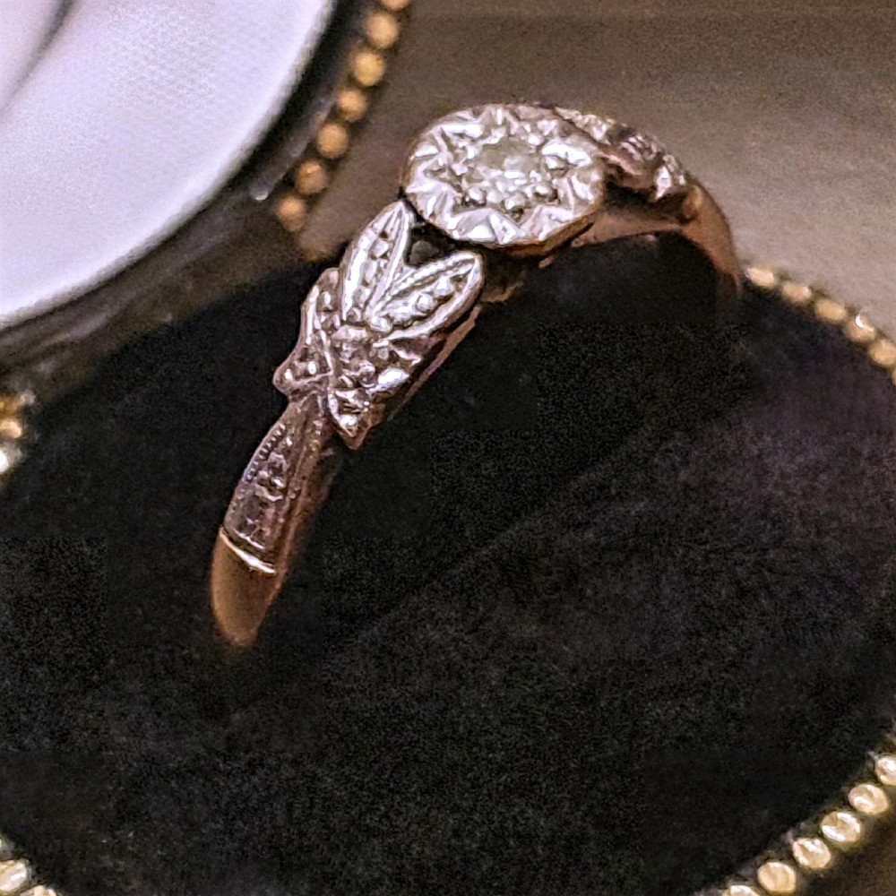 Art Deco Ring Diamond on Platinum & 9ct Gold with Platinum Leaf Shoulders- M½ View VII