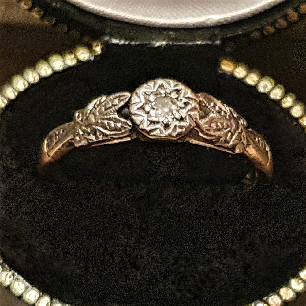 Art Deco Ring Diamond on Platinum & 9ct Gold with Platinum Leaf Shoulders- M½ View II