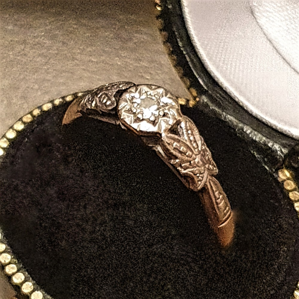 Art Deco Ring Diamond on Platinum & 9ct Gold with Platinum Leaf Shoulders- M½ View III