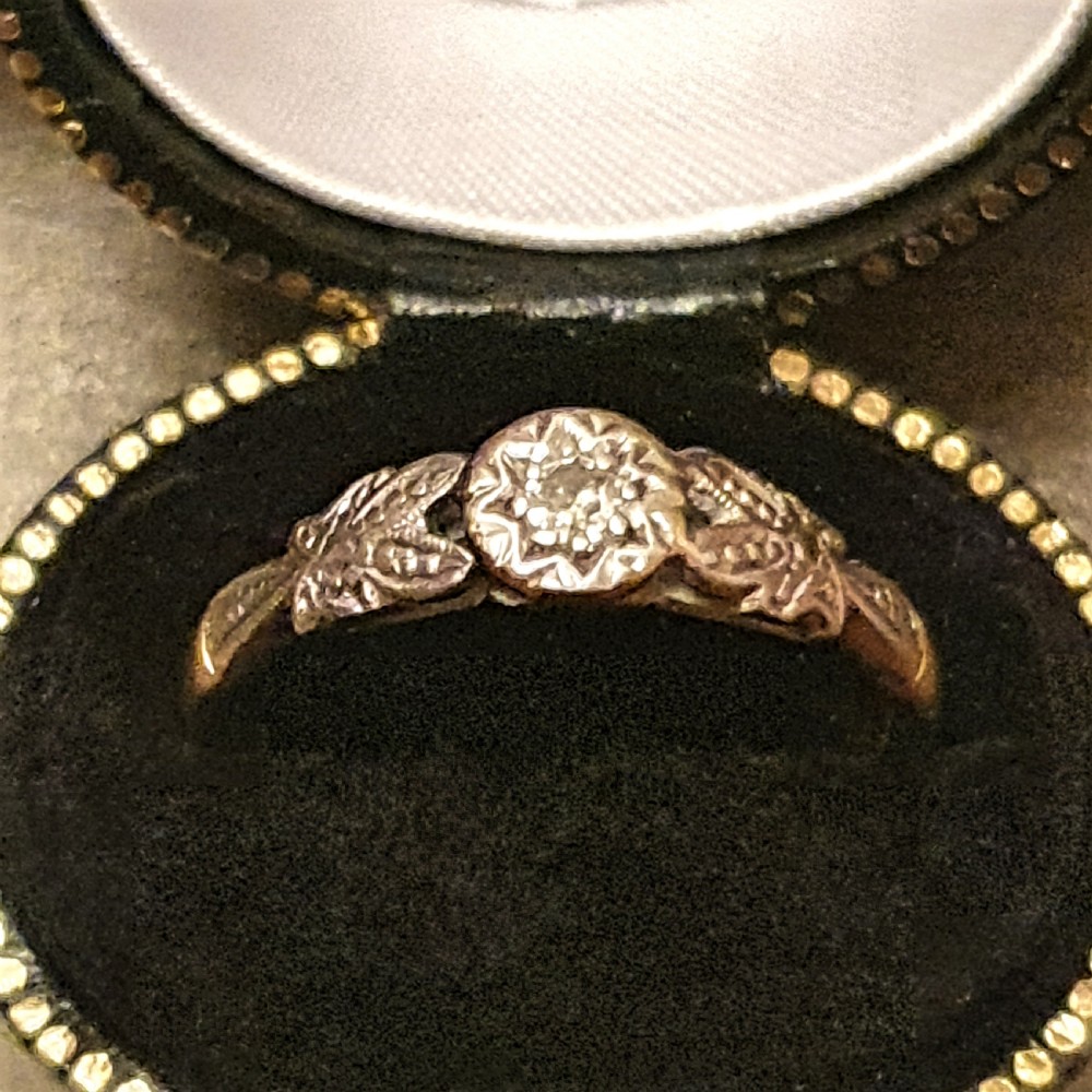 Art Deco Ring Diamond on Platinum & 9ct Gold with Platinum Leaf Shoulders- M½ View V