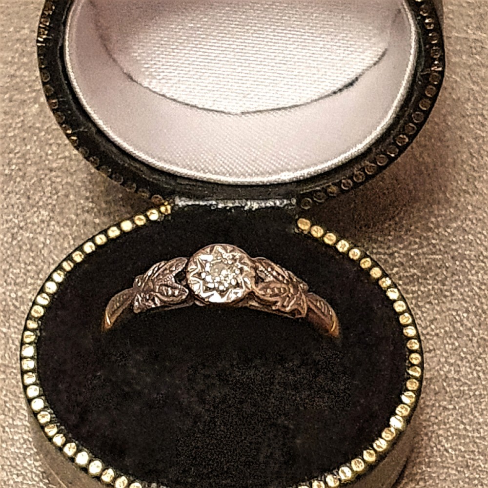Art Deco Ring Diamond on Platinum & 9ct Gold with Platinum Leaf Shoulders- M½ View VI
