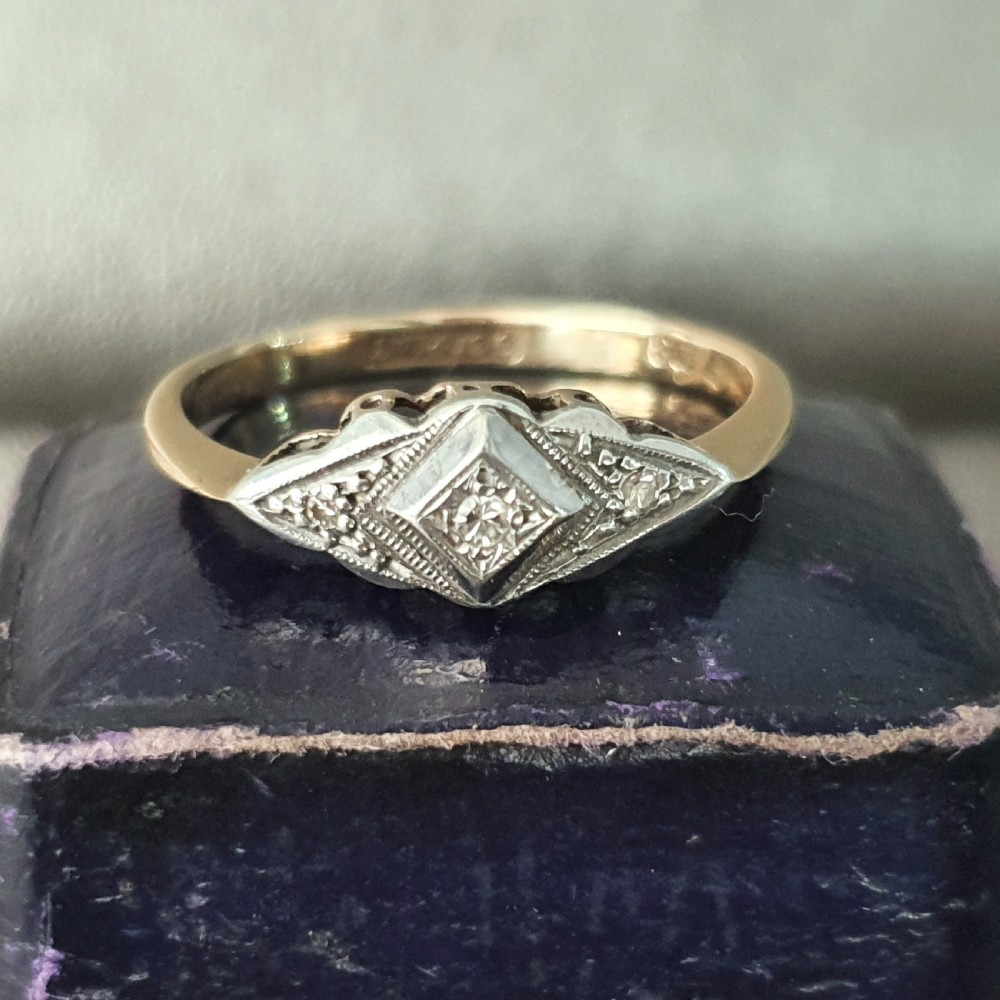 Art Deco Ring Diamond Geometric on Platinum 9ct Gold Raised Rare Design- Size  O½ View II