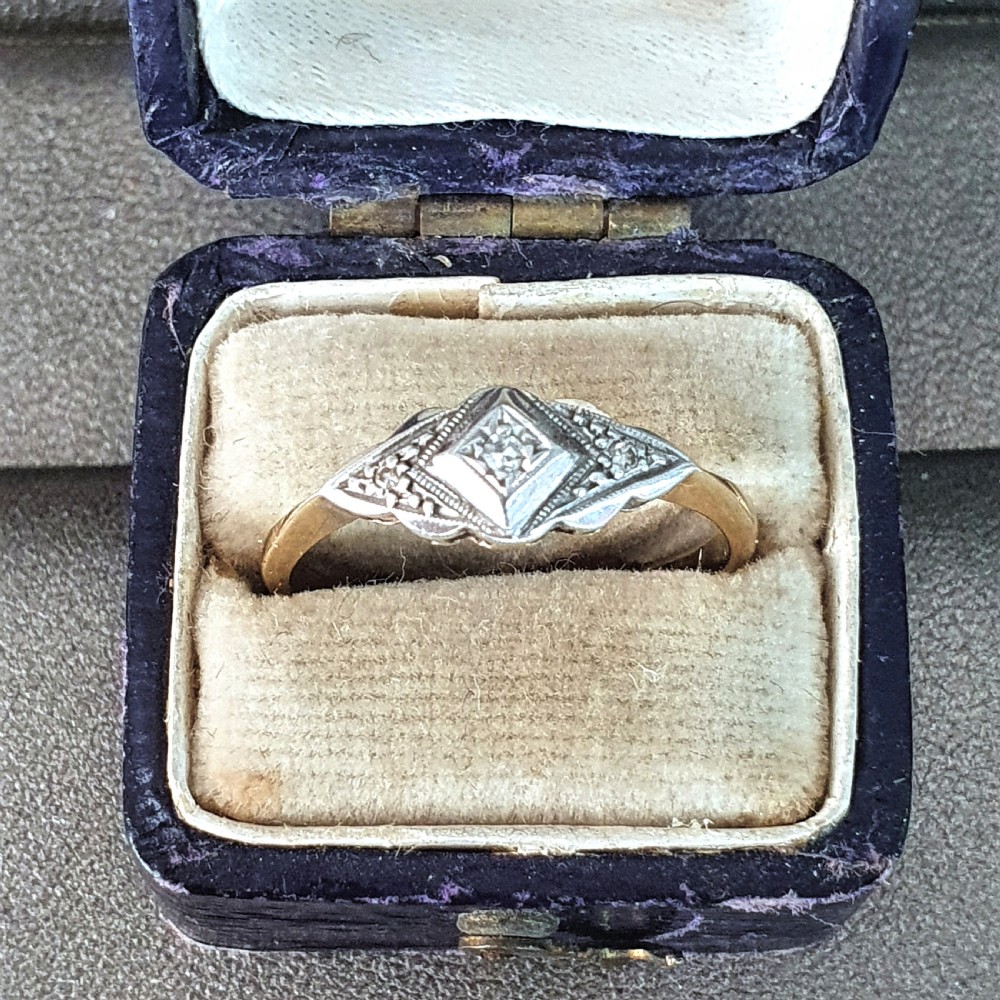 Art Deco Ring Diamond Geometric on Platinum 9ct Gold Raised Rare Design- Size  O½ View III