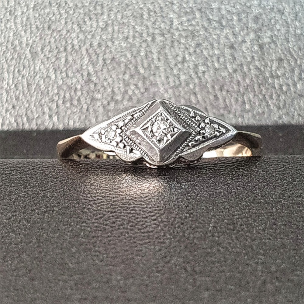 Art Deco Ring Diamond Geometric on Platinum 9ct Gold Raised Rare Design- Size  O½ View VI