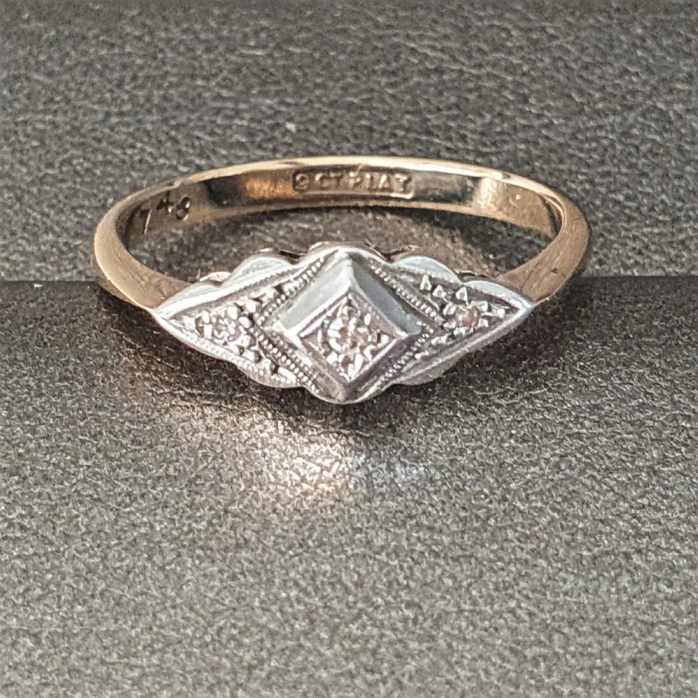 Art Deco Ring Diamond Geometric on Platinum 9ct Gold Raised Rare Design- Size  O½ View VII