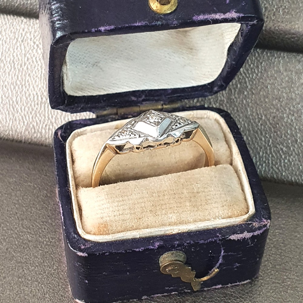 Art Deco Ring Diamond Geometric on Platinum 9ct Gold Raised Rare Design- Size  O½ View XI