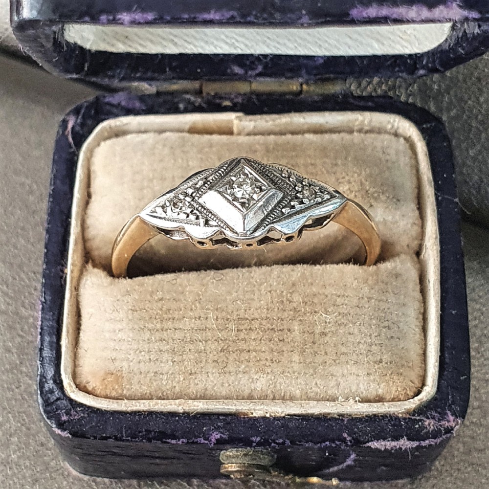Art Deco Ring Diamond Geometric on Platinum 9ct Gold Raised Rare Design- Size  O½ View XII