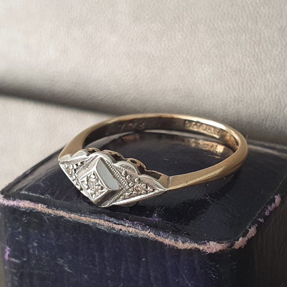 Art Deco Ring Diamond Geometric on Platinum 9ct Gold Raised Rare Design- Size  O½ View XIV