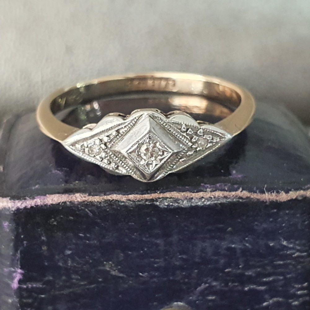 Art Deco Ring Diamond Geometric on Platinum 9ct Gold Raised Rare Design- Size  O½ View XV