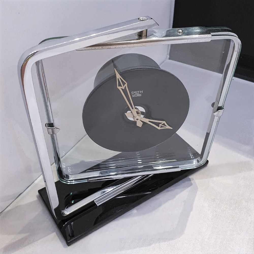 Swivel Art Deco Clock Black Glass & Chrome Smiths Electric Converted to Quartz Movement View IX