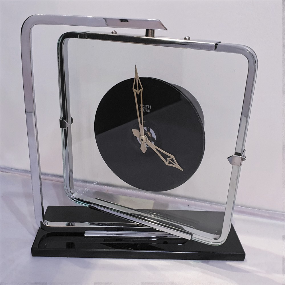 Swivel Art Deco Clock Black Glass & Chrome Smiths Electric Converted to Quartz Movement View XIII
