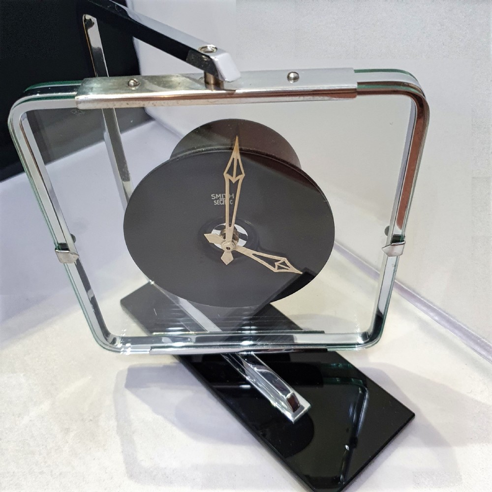 Swivel Art Deco Clock Black Glass & Chrome Smiths Electric Converted to Quartz Movement View XV