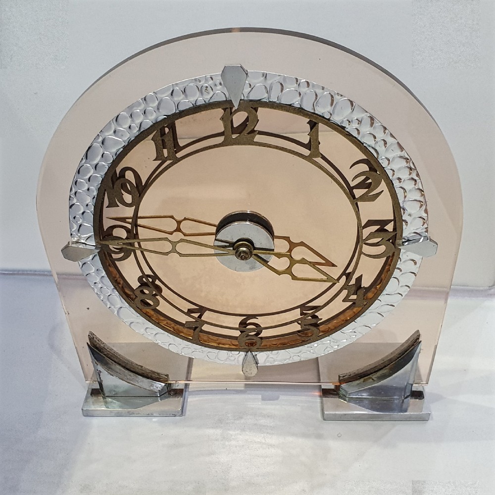 Art Deco Clock in Peach Glass 8 Day English Movement Mantel Clock