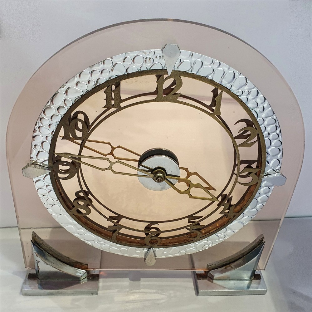 Art Deco Clock in Peach Glass 8 Day English Movement Mantel Clock View III