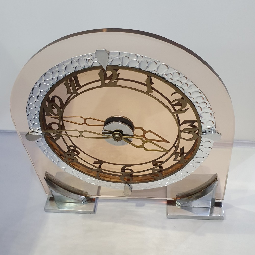 Art Deco Clock in Peach Glass 8 Day English Movement Mantel Clock View VI
