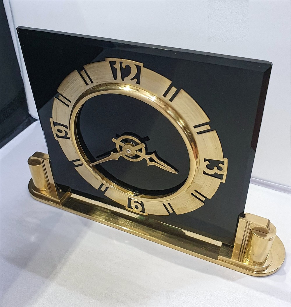 Art Deco Clock Black Glass & Brass British Electric Meters Converted to Quartz Mantel Clock  View III