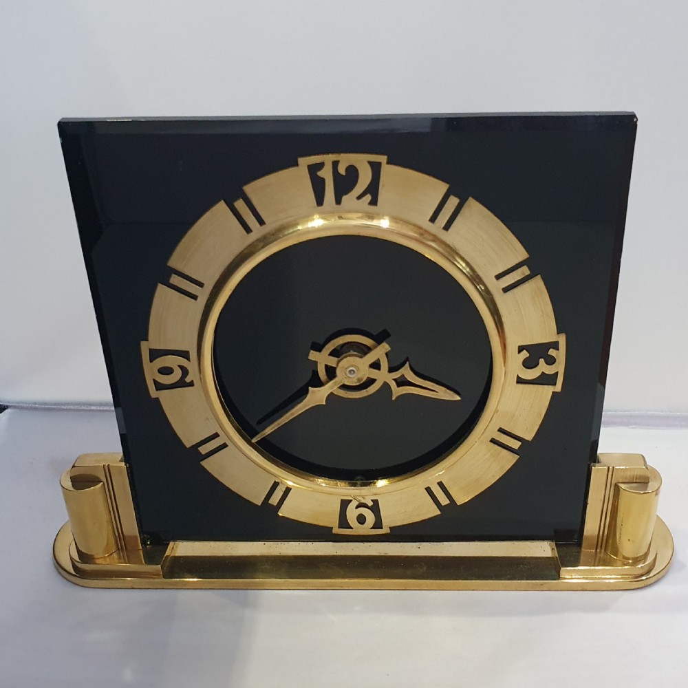 Art Deco Clock Black Glass & Brass British Electric Meters Converted to Quartz Mantel Clock  View IV