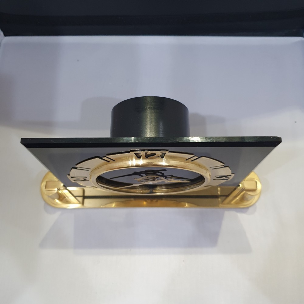 Art Deco Clock Black Glass & Brass British Electric Meters Converted to Quartz Mantel Clock  View V