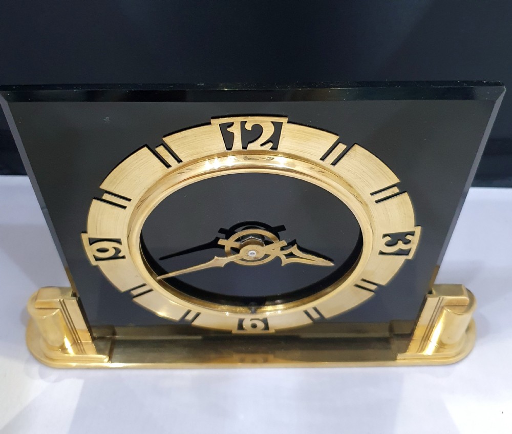 Art Deco Clock Black Glass & Brass British Electric Meters Converted to Quartz Mantel Clock  View VIII