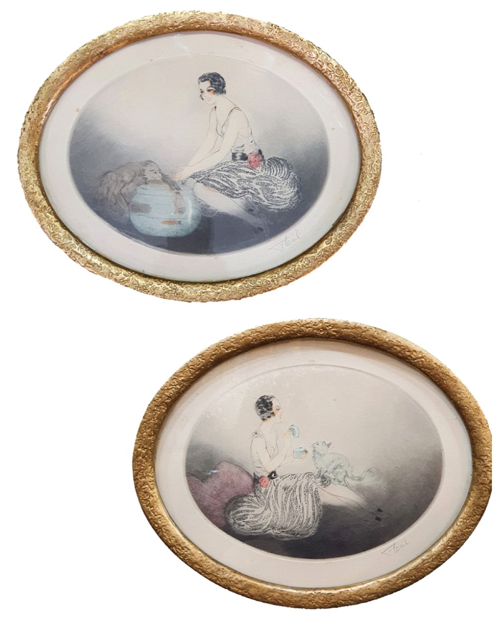 Pair Art Deco French Hand Coloured Lithographs c 1930 signed by Artist, Floril, in Gilt Gesso Original Frames