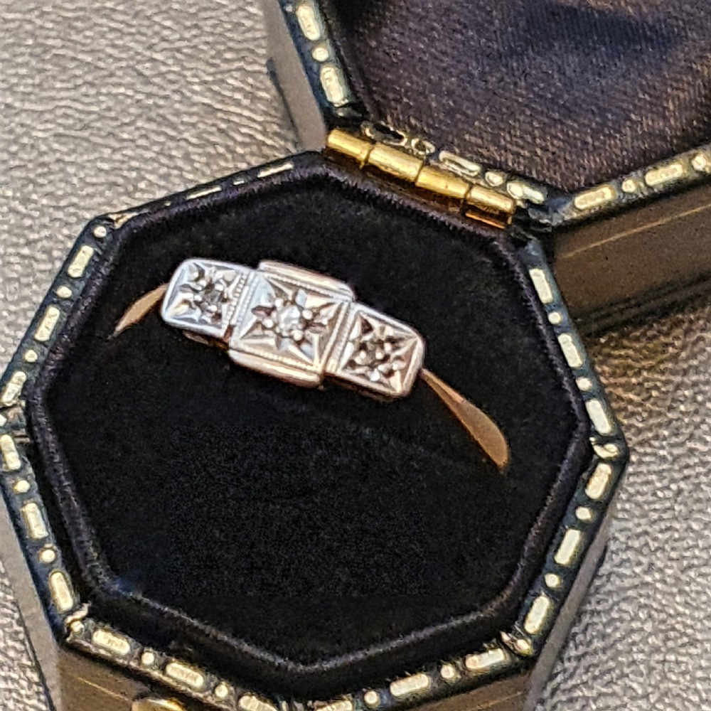 Art Deco Ring Palladium Old & Rose Cut Diamond Trilogy on 9ct Gold - Size O - O½