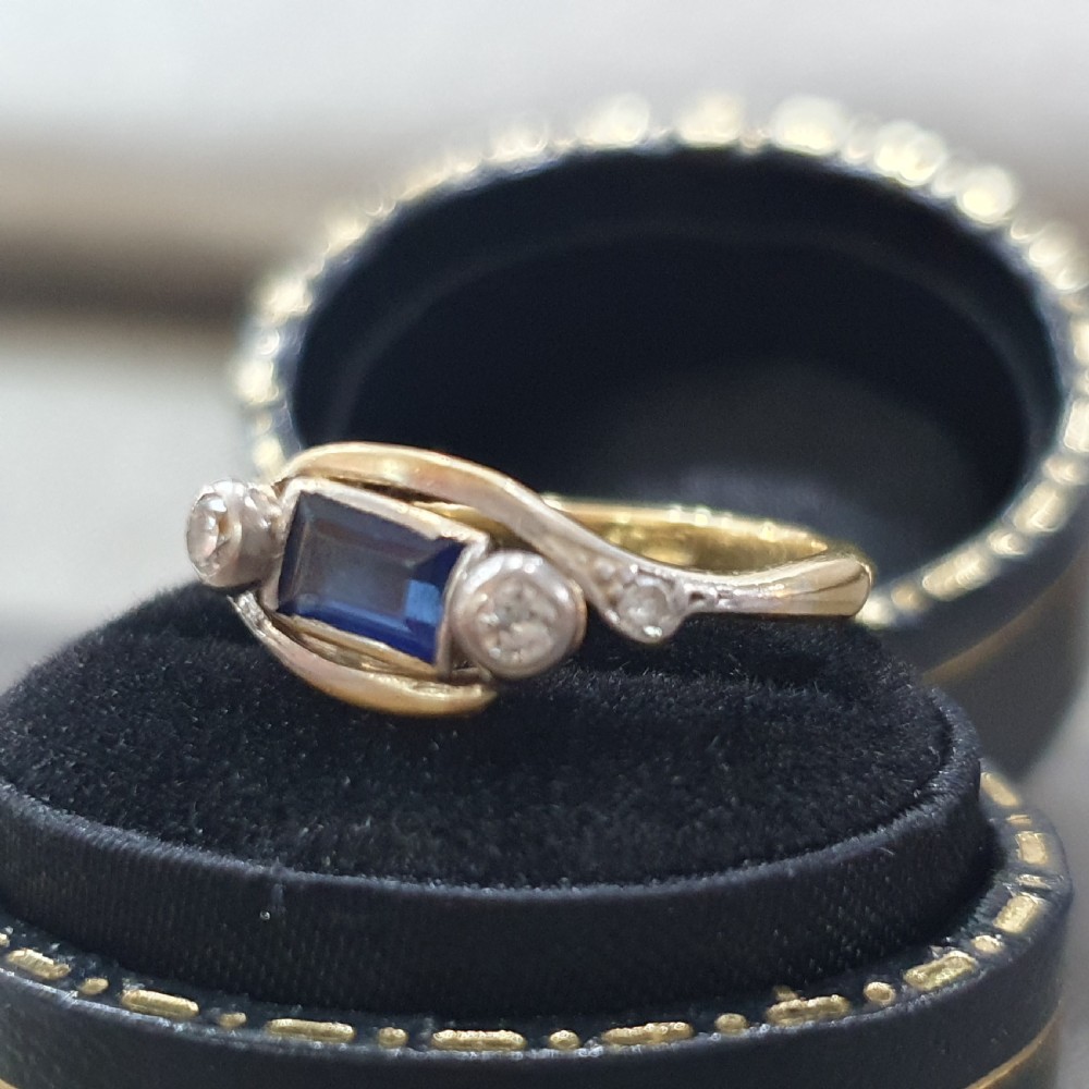 Edwardian Art Deco Sapphire & Old Cut Diamond 18ct Gold Ring - Size L½ - M View II