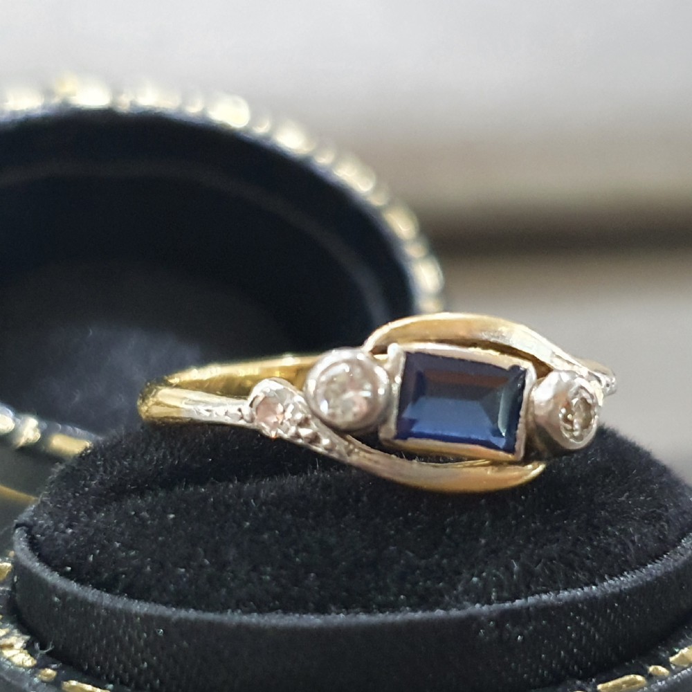 Edwardian Art Deco Sapphire & Old Cut Diamond 18ct Gold Ring - Size L½ - M View XII