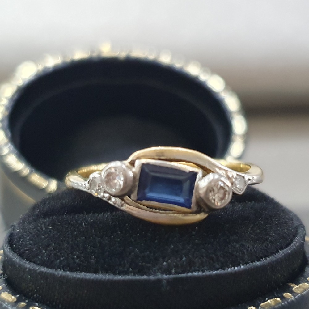 Edwardian Art Deco Sapphire & Old Cut Diamond 18ct Gold Ring - Size L½ - M View XIII