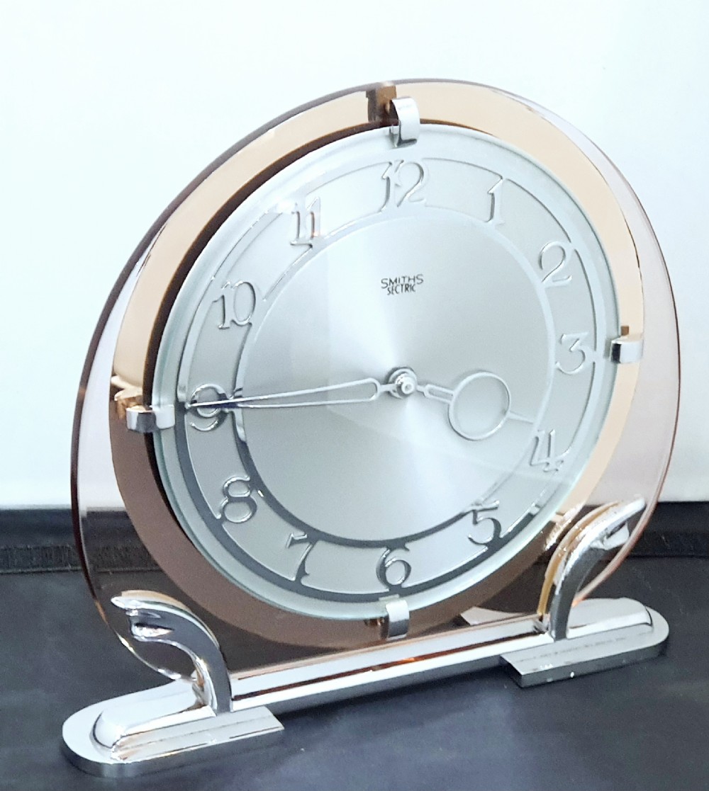 Art Deco Clock in Pink Peach & Mirrored Glass  - Quartz Movement Mantel Clock 12 mo Guarantee 